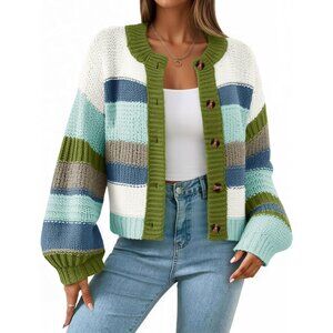 Women's Cozy Striped Knit Cardigan - Color Block, Long Sleeve, & Breathable